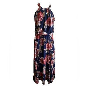 Bisou Bisou Midi Dress - 2 blue floral print , halter style neck